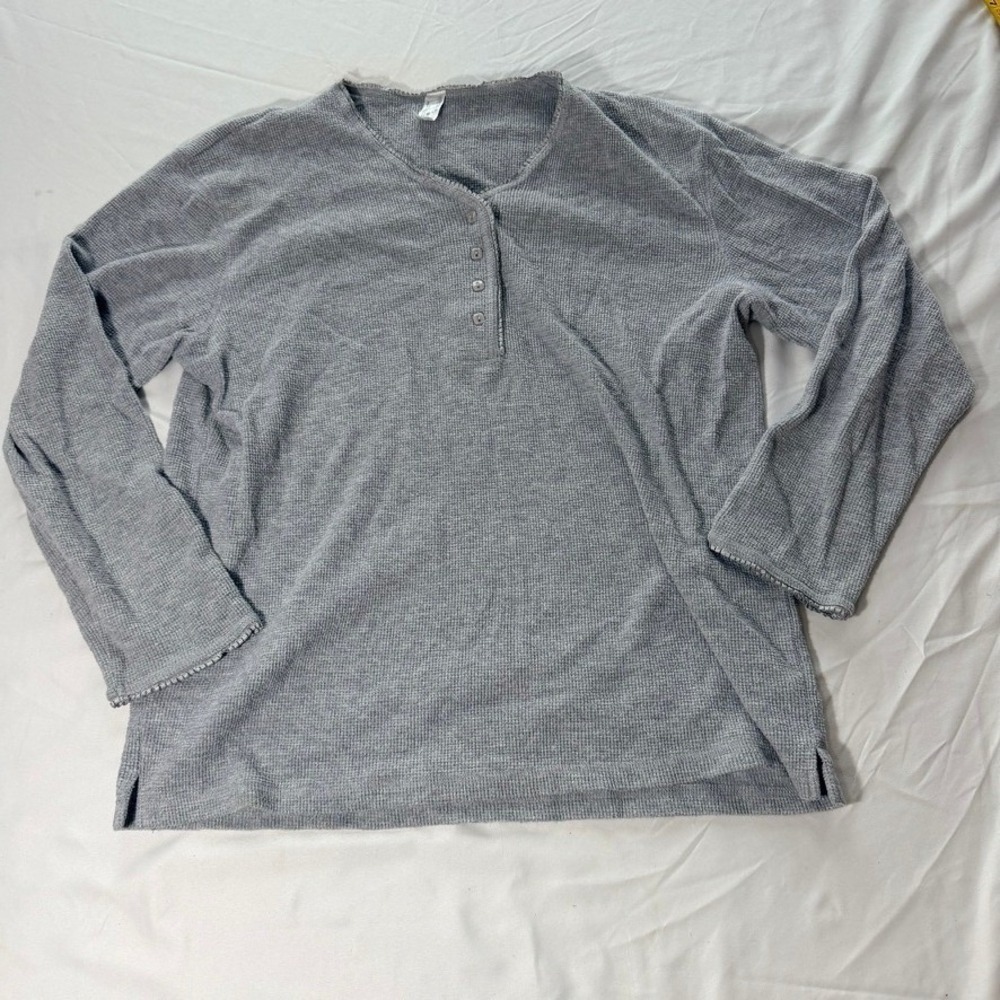 French Dressing Gray Waffle Knit Henley Pajama Top Womens Medium Long Sleeve